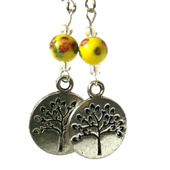 Vintage Tree of Life Murano Art Glass Bead Earrings Yellow Red Silver Plated - Picture 10 of 10